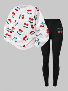 SHEIN ChillGRL Teen Girls Sweatsuit Set, White Digital Print & Black Bow Crew Neck Sweatshirt, Black Skinny Pants, Comfortable Fitted - Multicolor - View 5