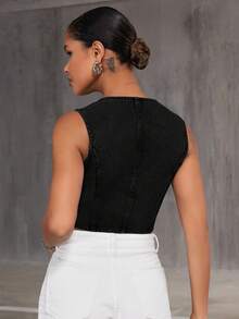 SHEIN Frenchy 休闲通勤短款牛仔背心 - 黑色 - 查看 2
