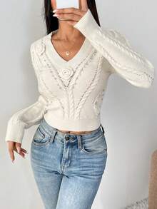 SHEIN Unity French Casual Crochet V-Neck Women's Long Sleeve Pullover Sweater, Autumn/Winter - White - View 5