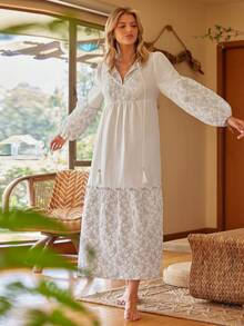 Lullawish Casual Bohemian Loose Long Sleeve Maxi Sleep Dress For Women, Embroidered Night Gown, Winter, Moo Moo Night Dress - White - View 6