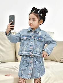 SHEIN 2pcs/Set Young Girl' Blue Denim & Pink Button Collar Long Sleeve Short Jacket And Mini Skirt - Light Wash - View 2