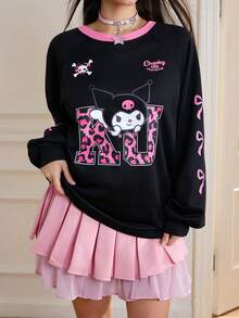 HELLO KITTY AND FRIENDS | SHEIN 女式休闲豹纹字母蝴蝶结印花圆领插肩袖运动衫，秋季 - 黑色 - 查看 4