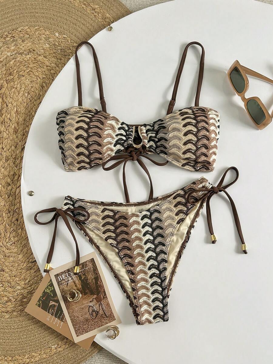 SHEIN Swim Women's 2 Pieces Beige Bikini Set, & Elegant Sea Shell Pattern Swimwear,Adjustable Straps Criss-Cross Tie,Summer Casual Beach Vacation Holiday
