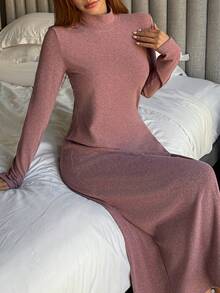 DAZY Women's Simple Turtleneck Long Dress Loungewear, Autumn/Winter Pajamas - Red - View 4
