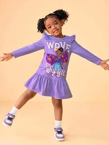 Blippi X SHEIN Young Girls' Cartoon Meekah Print Knit Round Neck Long Sleeve Ruffle Hem Dress Purple Girl Dress Cartoon Character Print Dress For Girl Long Sleeve Ruffle Dress - Purple - View 4