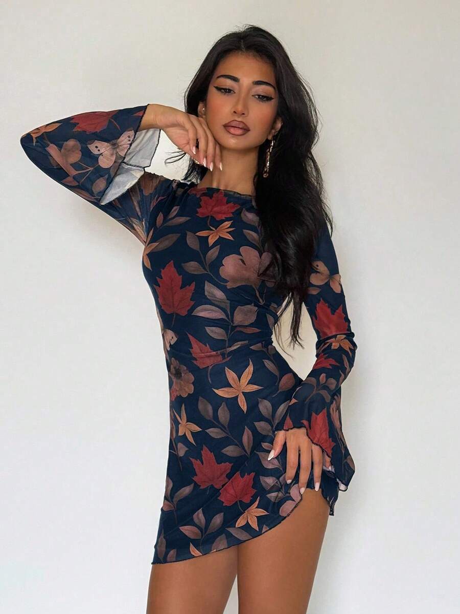 EgrlEra 女式印花性感复古简约迷你连衣裙 - 藏蓝色 - 查看 1