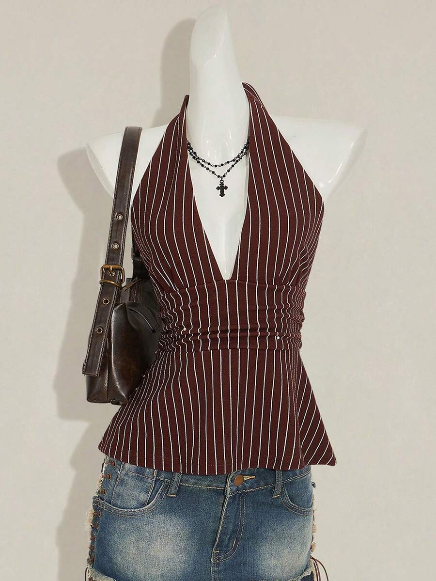 SHEIN ICON Halter Deep V-Neck Cinched Waist A-Line Backless Striped Tank Top - Brown - View 1