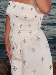 salliqueen Women's Vacation Clashing Print Elegant Casual Stretchy Slimming Shirred Top Wide Leg Pants Set Tube Top And Pants Set Women Summer Clothes Women Two Pieces Outfits Vacation Outfits Woman Vacation Two Pieces Set Boho Women Clothing - Beige - View 3