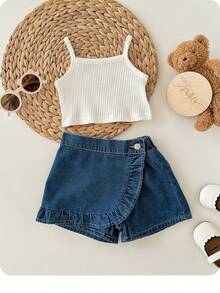 SHEIN Baby Girl Cute Soft Knitted Solid Color Basic Camisole Top With Asymmetric Ruffle Hem & Casual Denim Skirt Shorts Set - Multicolor - View 3