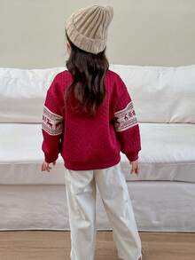Genkimix Kids 2pcs/Set Young Girls Korean Style Casual Outfit, Graphic Print & Knit Patchwork Long Sleeve T-Shirt Top + Loose Straight Pants, Spring/Autumn - Burgundy - View 3