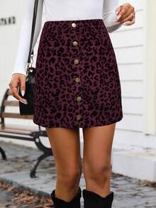 SHEIN LUNE Chân váy nhung kẻ họa tiết da báo cài nút phía trước đi làm thanh lịch dành cho nữ - Màu Đỏ Sâu - Xem 4