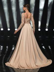 Glamrae Elegant Champagne Satin With Gorgeous Beads And Sequins, See-Through Long Sleeves, Luxurious 3D Handmade Bead Appliqués At The Neckline, Fishbone Patch At The Waist For A See-Through Effect, Fishtail-Shaped Side Slits, And An Oversized Back Train. Suitable For All Formal Occasions: Weddings, Bachelorette Parties, Business Dinners, Dates, Vacations, And Women's Evening Dresses. - Champagne - View 4