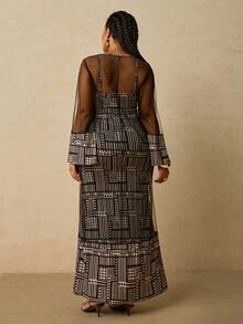 Travachic 大码女式非洲几何图案吊带针织连衣裙配网眼披肩 2 件套 - 黑與白 - 查看 2