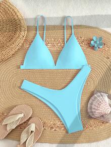 Swim Basics Summer Beach Triangle High Cut Bikini Set - Mint Blue - View 5