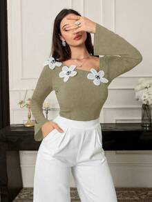 Modelyn 女士不对称领长袖优雅T恤，饰有3D立体花卉图案，春秋季印花T恤，女士春季上衣 - 橄欖綠 - 查看 4