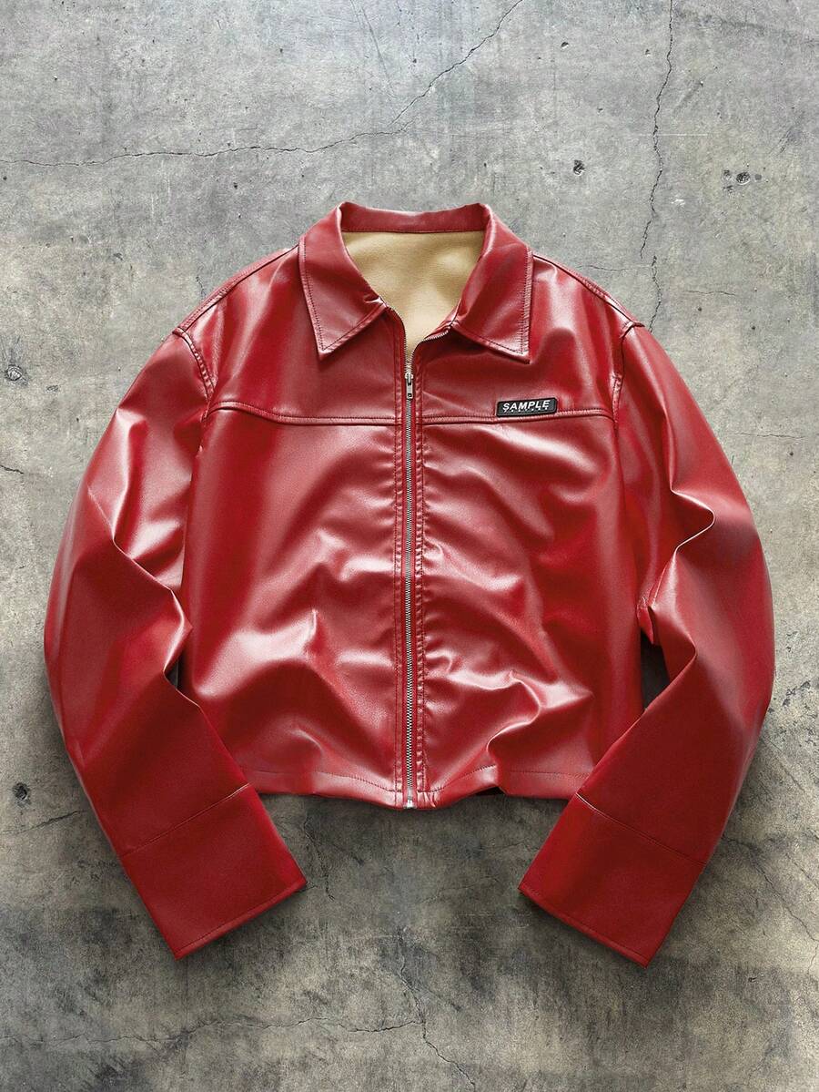 AXEPEAK 男式梭织休闲长袖前开拉链红色衬衫 - 紅色 - 查看 1