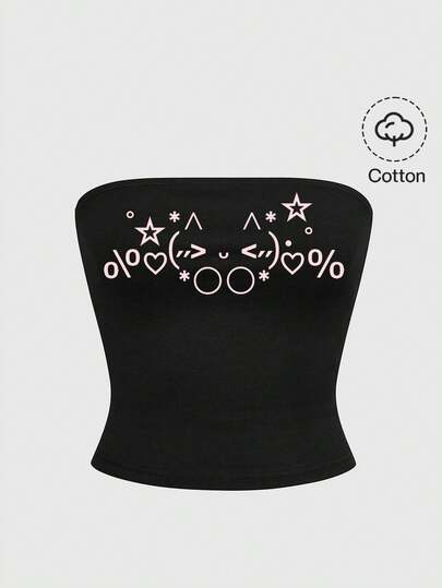 Cute Emoticon Kawaii Performance Heart Black & White Sexy Vintage Crop Top For Women