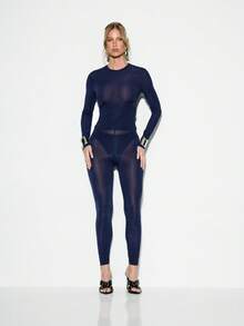KIZN Essentials Sheer Long Sleeve Crew Neck Top For Layering Fall Winter - Blue - View 5