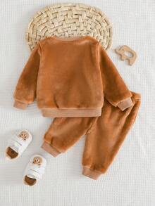 Cozy Pixies 新生儿男女宝宝卡通动物印花保暖加厚圆领长袖套头卫衣和松紧腰裤两件套，加厚保暖 - 棕色 - 查看 2