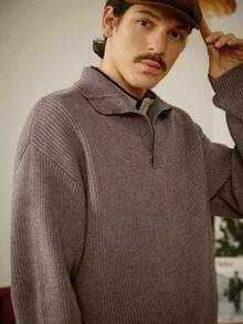 RivetRise كنزة صوفية كاجوال بأكمام طويلة وأزرار نصف لوحة ذات لون واحد للرجال، قميص محبوك للرجال للخريف/الشتاء، بلوزة محبوكة للرجال، بلوزة محبوكة للرجال مبطنة حرارية مقاومة للرياح والبرد، بلوزة محبوكة للرجال بياقة مستديرة، مجموعة الخريف للرجال، ملابس الرجال، ملابس الرجال من الكشمير - بني مخاوي - مشاهدة 3