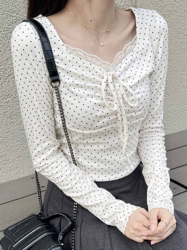 FRIFUL Women's Polka Dot Print Contrast Lace Front Tie Long Sleeve T-Shirt