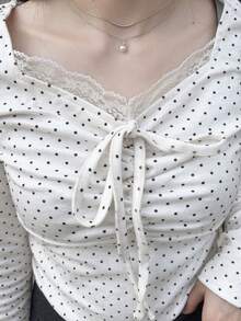 FRIFUL 女式波尔卡圆点印花撞色蕾丝前领带长袖 T 恤
