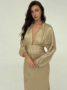 Aloruh Women's Champagne Gold Deep V-Neck Elegant Long Sleeve Gold Foil Dress,Autumn Dining Party Evening Wedding Guest Dresses,Chic Date Outfit - Gold - View 6