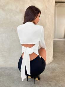 Aloruh Blusa blanca de manga larga con cuello alto, ajuste ceñido, con abertura frontal y sin espalda, ideal para la oficina, el trayecto diario y el uso diario, nueva colección de otoño/invierno para mujer - Blanco - Ver 1