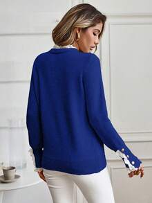 EMERY ROSE 女士秋冬烂花刺绣长袖休闲宽松毛衣 - 寶藍色 - 查看 2