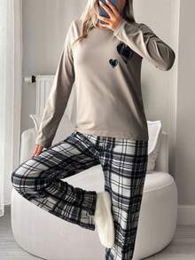 EURMUSE 棉质 2 件格子赫拉特印花长袖衬衫和格子印花长裤休闲套装 - 米色 - 查看 4