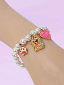SCOOBY-DOO X SHEIN 1pc Fashionable Faux Pearl, Cartoon & Heart Pattern Cute Bracelet - Gold - View 2
