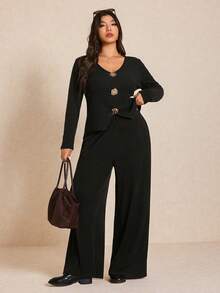 Elaquor Conjunto de top de manga larga con cuello en V y botones y pantalones de unicolor en talla grande - Negro - Ver 5