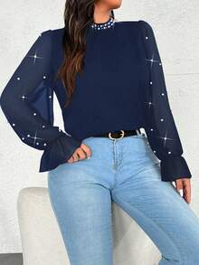 Vionelle Blusa de manga larga con volantes de parche de gasa y decoración de perlas, elegante y romántica para fiestas - Azul Marino - Ver 6