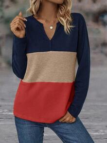 EMERY ROSE Women's Colorblock Long Sleeve T-Shirt Graphic Tees Women Tops For Spring, Christmas - Red - View 3