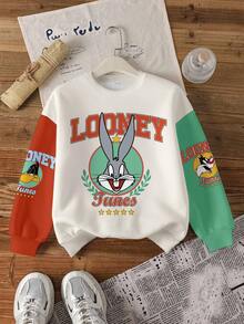 LOONEY TUNES X SHEIN Tween Boy Casual Colorblock Letter & Rabbit Print Crew Neck Sweatshirt, Autumn Sweatshirts For Boys Sweatshirt For Boys