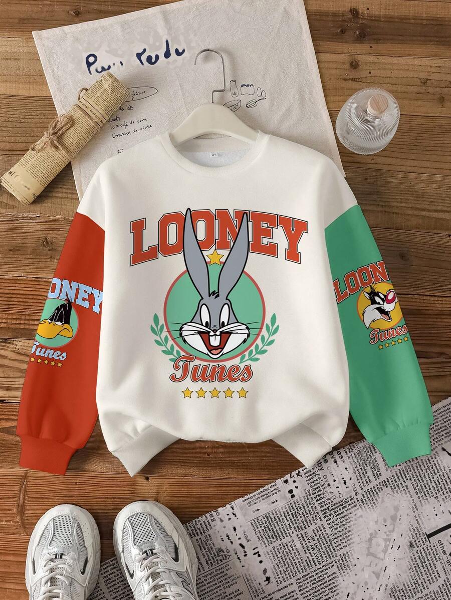 LOONEY TUNES X SHEIN Tween Boy Casual Colorblock Letter & Rabbit Print Crew Neck Sweatshirt, Autumn Sweatshirts For Boys Sweatshirt For Boys