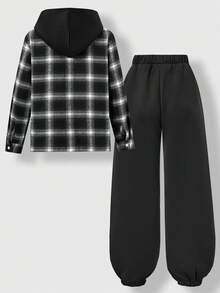 SHEIN Explorewe 2pcs/Set Boys' Fashionable Plaid Hooded Half-Zip Jacket And Drawstring Sweatpants Casual Outfit