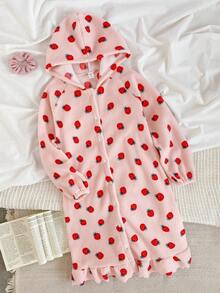 Girls' Cute Sweet Strawberry Print Hooded Fleece Robe, Elegant Ruffle Hem Long Sleeve Bathrobe Loungewear, Autumn/Winter - Pink - View 7