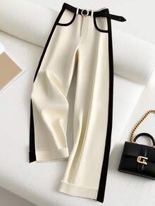 SHEIN PETITE Women's Loose Elegant Wide Leg Pants, Black & Beige Color Block, Autumn Cream Pants Black And White Pants Fashion Clothes Elegant Casual Luxury Clothes For Women - Apricot - View 1