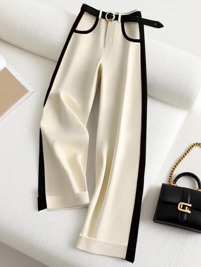 SHEIN PETITE 女士宽松优雅阔腿裤，黑色和米色拼色，秋季