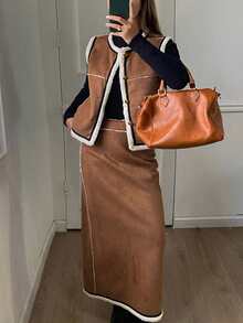 DAZY 2 件套女士加厚羊毛圆领无袖背心外套和直筒长裙休闲街头秋冬装 - 棕色 - 查看 3