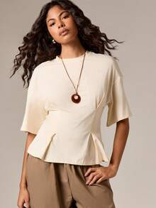 AiiRZ 喇叭下摆荷叶边 T 恤圆领短袖宽松休闲上衣 - 奶油色 - 查看 6