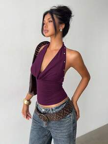 Aloruh Purple Backless Halter Neck Knit Top, Reversible - Purple - View 6