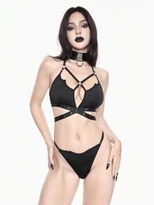 ROMWE Bộ đồ lót ren hở vai cánh dơi kiểu Gothic và quần lọt khe - màu đen - Xem 2