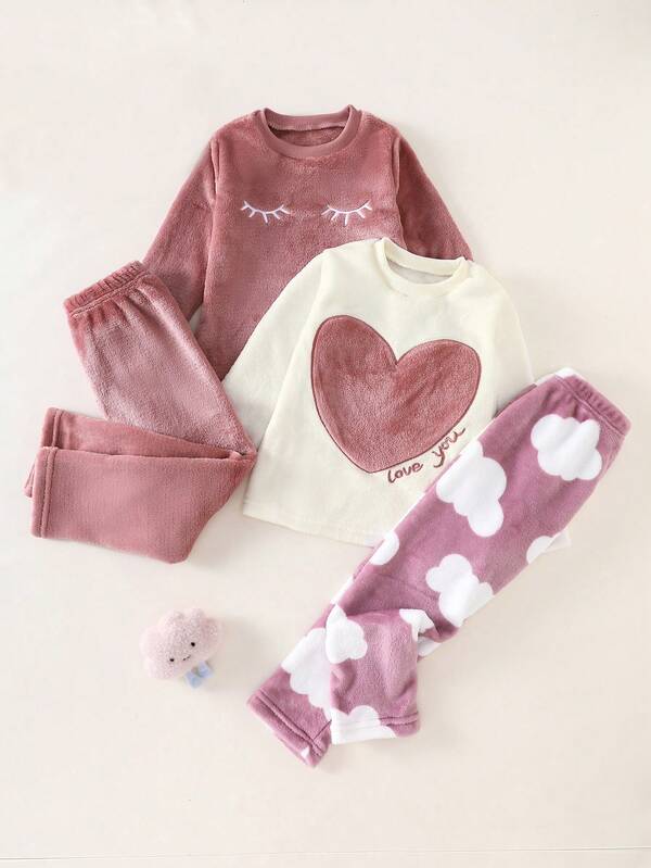 SHEIN Playful Pals 4 peças meninas menina jovem casual nuvem e coração impressão rosa pelúcia manga longa top e calças conjunto de roupa de casa