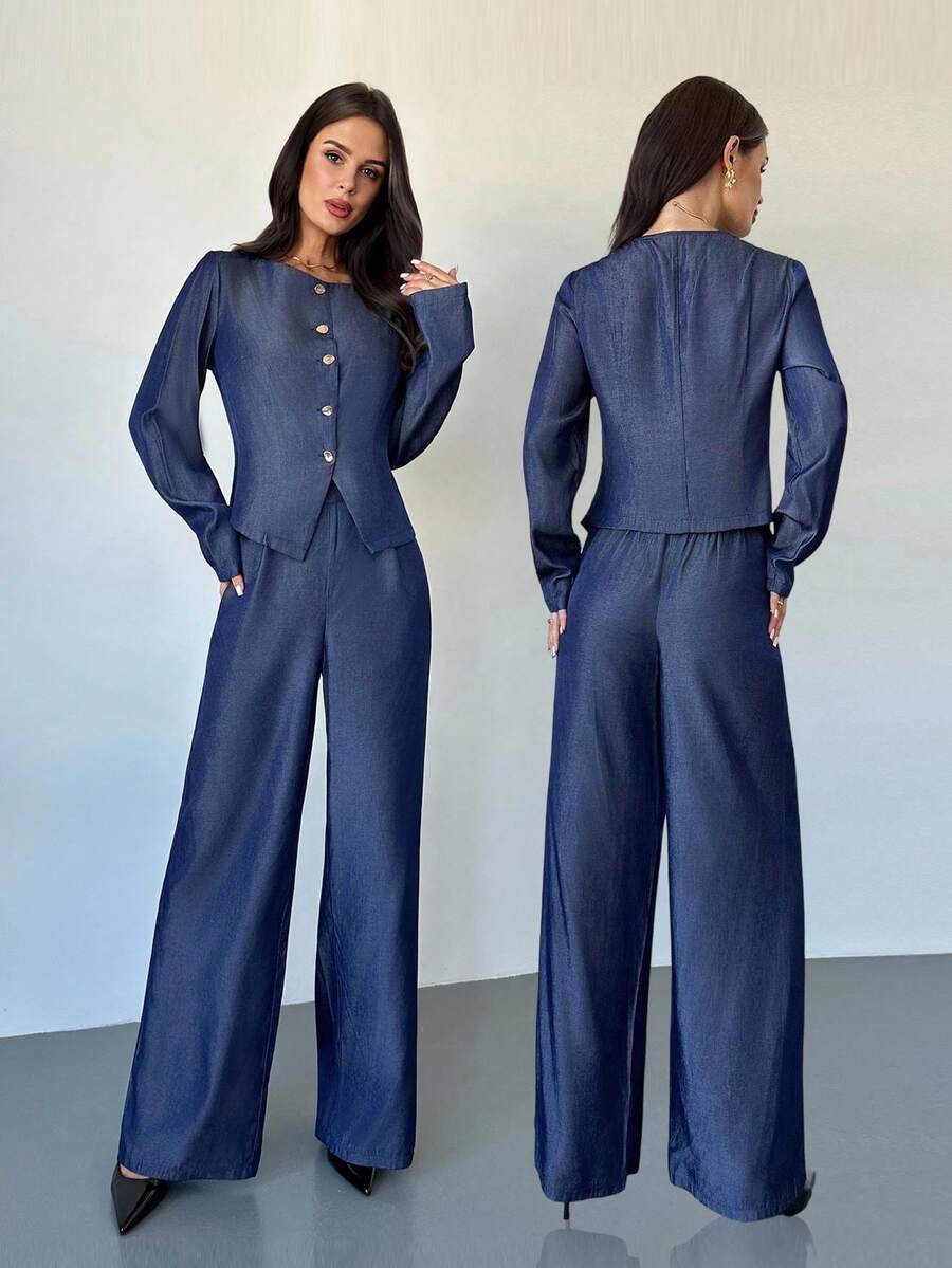 Firerie Conjunto de 2 piezas de camisa de manga larga de cuello redondo y pantalones de estilo casual para mujer, otoño - Azul Marino - Ver 1