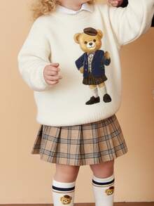 SHEIN Happikins 女婴奶油白复古学院风可爱小熊印花宽松圆领长袖毛衣，休闲简约保暖，适合秋冬季节，舒适保暖，充满圣诞气息，是理想的圣诞礼物之选。秋冬季穿着舒适，可轻松叠穿，时尚百搭。 - 彩色 - 查看 3