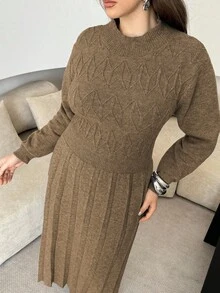 Modelyn 大码女式纹理长袖休闲针织连衣裙，秋冬 - 駝色 - 查看 7