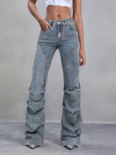 Jeanoix Women's Casual Pleated Vintage Denim Flare Long Pants With Pockets Skinny Bootcut Jeans