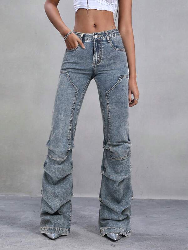 Jeanoix Women's Casual Pleated Vintage Denim Flare Long Pants With Pockets Skinny Bootcut Jeans